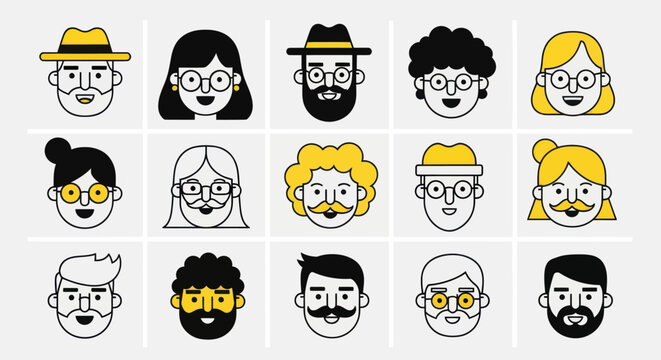 Diverse illustrated faces set