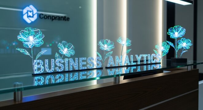 Modern and futuristic glowing acrylic 'Business Analytics' text display with intricate blue and turquoise LED-lit abstract floral designs, meticulously arranged