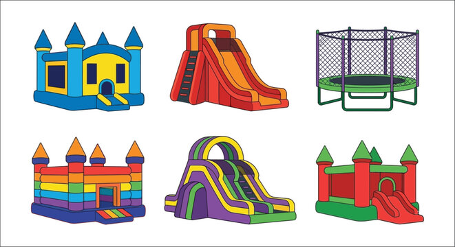 Inflatable Bounce Houses And Slides Colorful Vector Illustration On White Background
