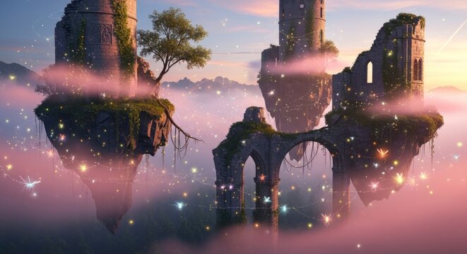Castelos flutuantes fant&aacute;sticos no c&eacute;u, com n&eacute;voa e elementos m&aacute;gicos.