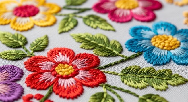 Detalhe de um bordado floral vibrante em tecido com pontos minuciosos.