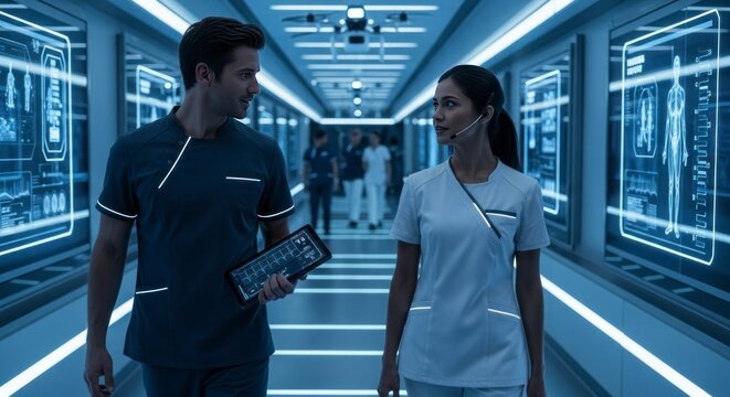Profissionais da &aacute;rea m&eacute;dica caminhando por um corredor futurista, discutindo trabalho.