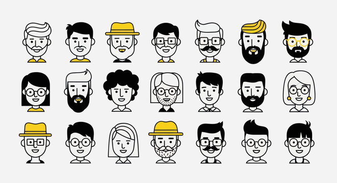 Diverse illustrated faces set on white
