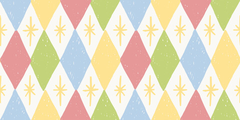 Retro Pastel Diamond Harlequin Seamless Pattern with Starburst, Hand Drawn Circus Background for Kids Print  © Little Joy Designs