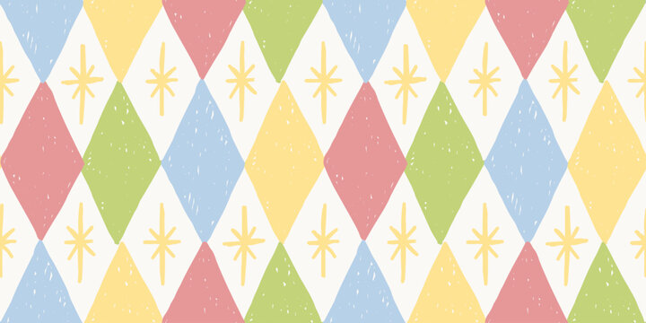 Retro Pastel Diamond Harlequin Seamless Pattern with Starburst, Hand Drawn Circus Background for Kids Print
