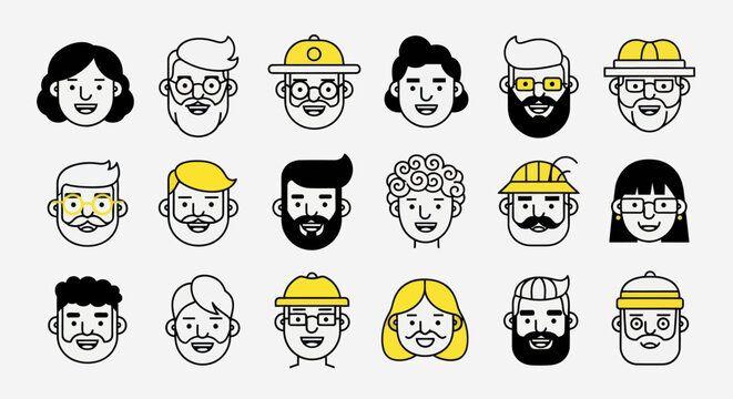 Diverse illustrated faces set