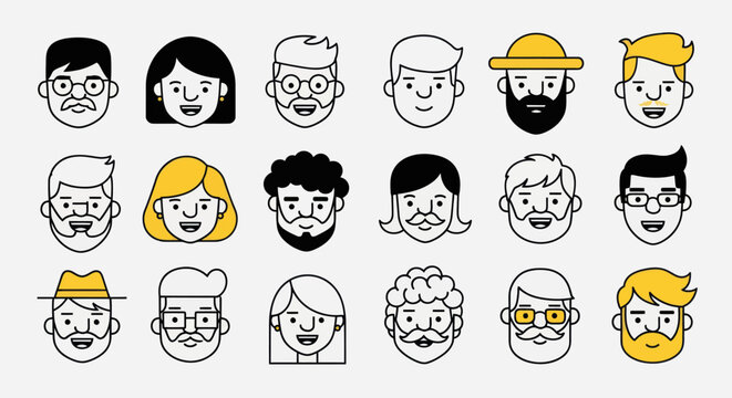 Diverse illustrated faces set