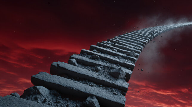 Stone stairway endless path surreal landscape red sky floating rock dramatic light fantasy scene long perspective unknown destination dark atmosphere