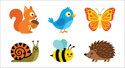 Fototapeta premium Animal Illustrations Squirrel Bird Butterfly Snail Bee And Hedgehog animals