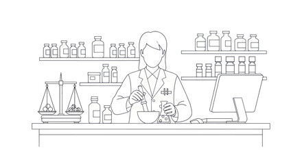 Fototapeta premium Pharmacist preparing medication in mortar and pestle at counter with apothecary bottles