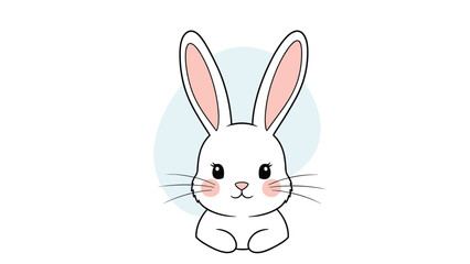 Fototapeta premium Adorable illustration of a white bunny rabbit with pink ears and rosy cheeks on a soft blue and white background.