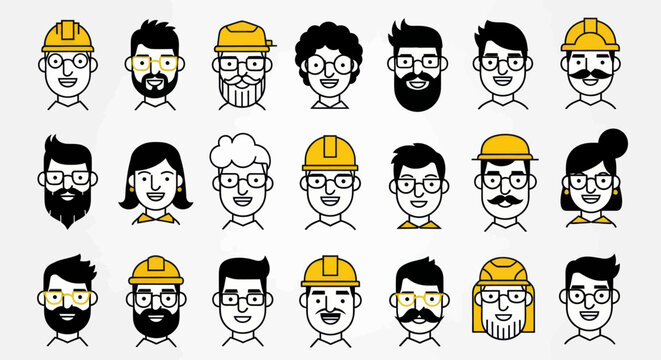 Diverse illustrated faces with hard hats