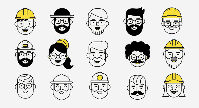 Diverse illustrated faces with hard hats