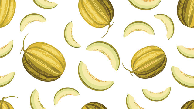 Vibrant seamless pattern of whole yellow melons and crescent-shaped slices scattered on a clean white background.