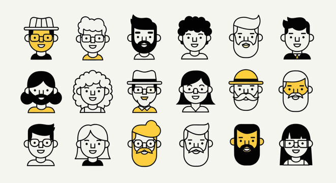 Diverse illustrated faces set