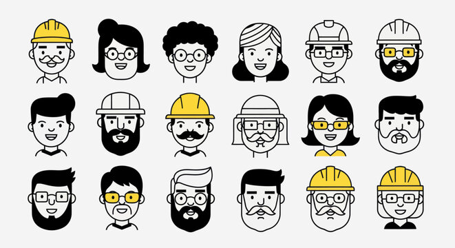Diverse illustrated faces with headgear