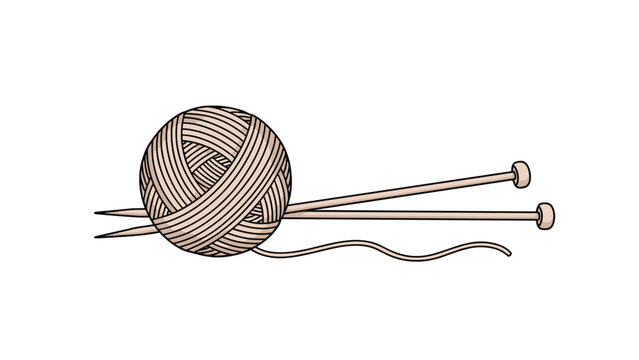 Ball of beige wool yarn with two knitting needles sticking through it and a loose thread on a clean white background.