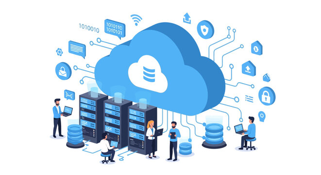 Isometric illustration of cloud computing infrastructure with server racks, databases, and IT professionals managing data services and network security.