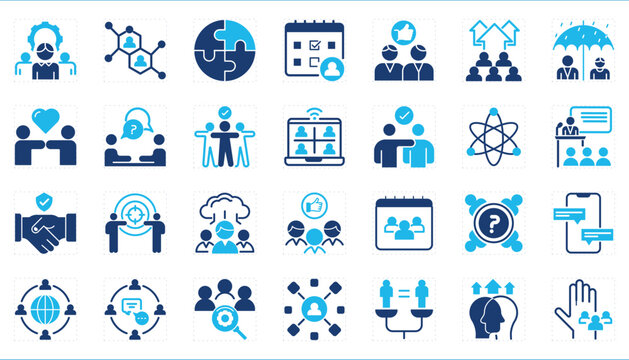A set of icons related to Teamwork. Team, strategy, community, workshop, job, people, target, and so on.