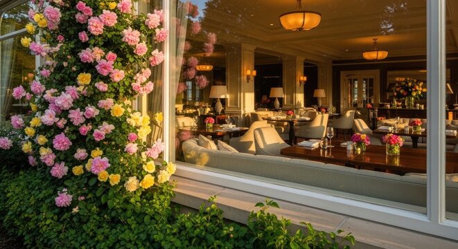 Luxury hotel lobby with flowers outside