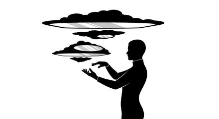 Silhouette of person levitating alien spacecrafts, surreal concept © Muhammad