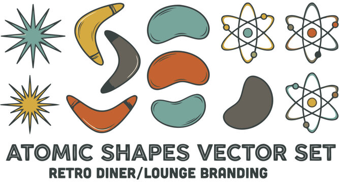 Vector atomic shapes set for retro diner and lounge branding featuring mid century modern geometric motifs, starbursts, and atomic orbits for vintage signage and 1950s graphic design projects