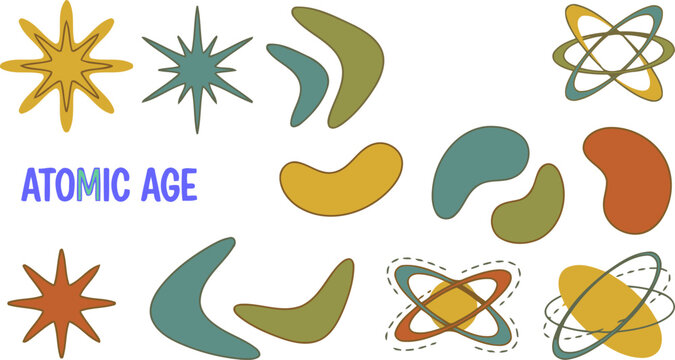 Vector mid century modern atomic age shape collection featuring retro boomerangs, starbursts, and orbit motifs for 1950s style graphic design, retro-futuristic layouts, and vintage branding elements