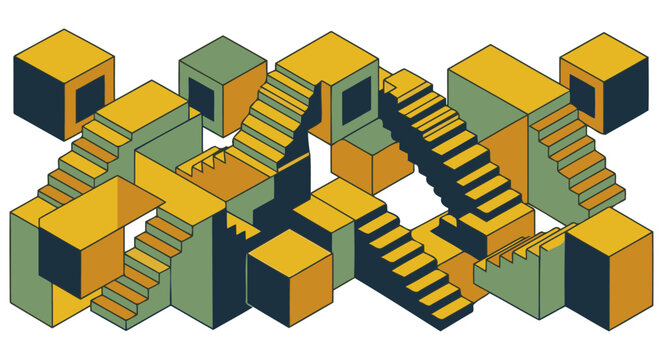 Vector isometric architectural composition of complex stairs and geometric blocks featuring paradoxical spatial geometry for conceptual design, puzzle layout inspiration, and modern abstract