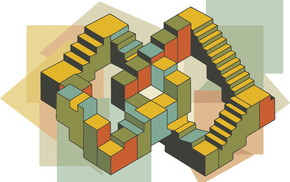 Vector isometric infinite loop staircase with impossible geometric blocks and paradoxical structural design for conceptual architectural art, spatial paradox themes, and modern abstract graphic