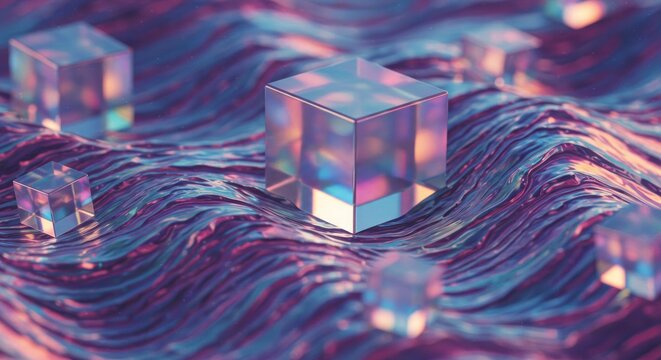 Abstract cubes float amidst flowing waves in a digitally rendered scene