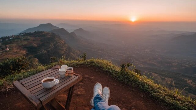 Scenic mountaintop vista with coffee cups during sunrise and distant hills