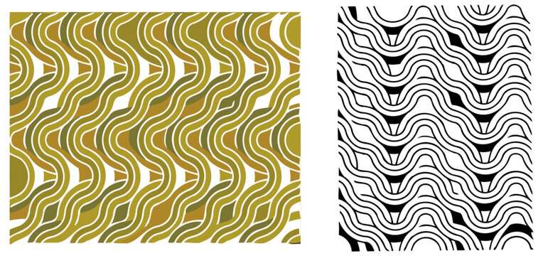 Comparative Wave Design Vector Set featuring dual iterations of a tessellated undulating pattern in colored earth tones and high-contrast black and white line art for textile development