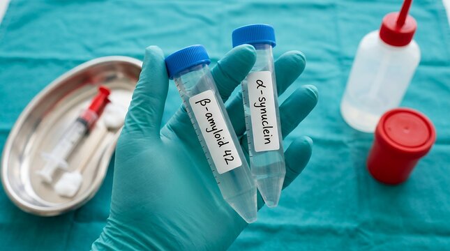 A medical professional wearing green protective gloves holds two test tubes containing liquid samples labeled beta amyloid 42 and alpha synuclein within a sterile laboratory environment