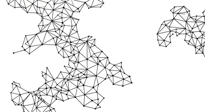 Abstract network of interconnected dots and lines, geometric pattern, white background