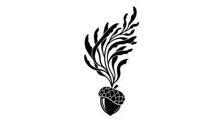 Black silhouette of an acorn with stylized leaves or seaweed on a white background © Yara