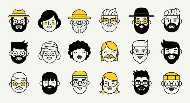 Diverse illustrated faces with various styles