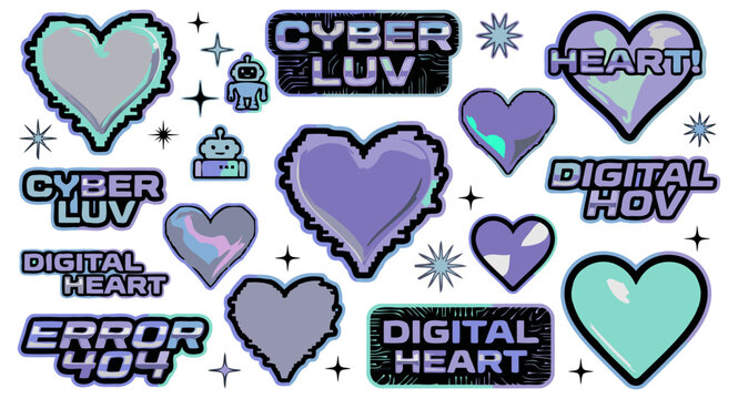 Y2K Cybercore Vector Sticker Set featuring Digital Hearts and Glitch Text including Cyber Luv and Error 404 for Gen Z Aesthetic Graphic Design and Retro-Futuristic Social Media Content Creation