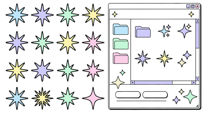 Vintage Computer Folder and Vector Starburst Asset Kit with Retro OS Window Elements and Multi-Colored Four-Pointed Sparkles for 2000s Era Digital Art and Webcore Graphic Design