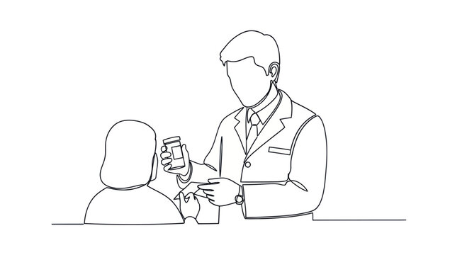 Pharmacist advising patient on medication in minimalist line art style