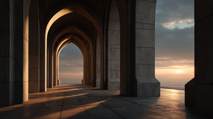 Fototapeta premium Minimalist arch corridor with elegant gothic arches and sunset light, architectural interior with dramatic shadow and stone floor