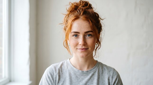 A young woman with vibrant red hair styled in a messy bun gazes directly at the viewer with a gentle, approachable expression, her freckled complexion and direct eye contact conveying a sense