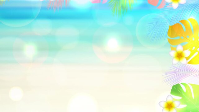 Tropical Summer Beach Background with Plumeria and Palm Leaves