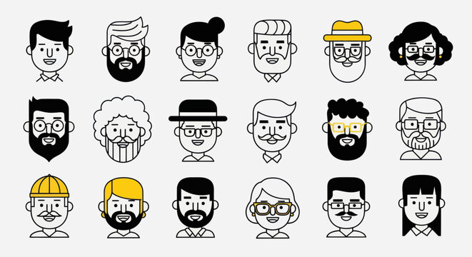 Diverse illustrated faces set