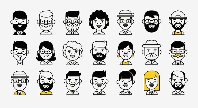 Diverse illustrated faces set