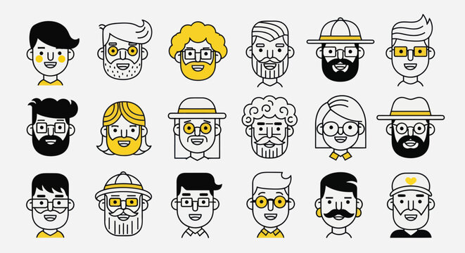 Diverse illustrated faces set
