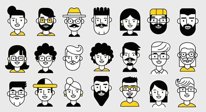 Diverse illustrated faces set