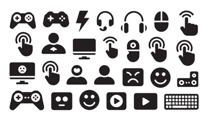 Social media and gaming interface icons including emoji faces with headset and mouse clicks. © MD.RAHIM