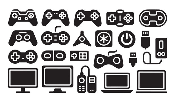 Electronic device and video game hardware icons for computer monitor and gaming controllers.