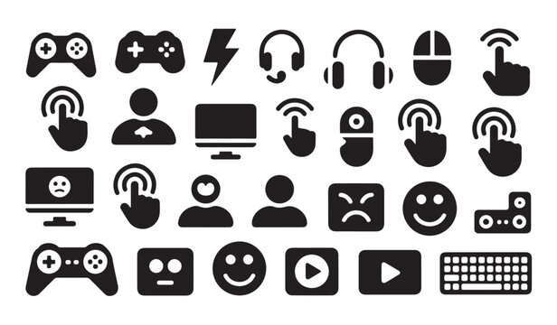 Social media and gaming interface icons including emoji faces with headset and mouse clicks.