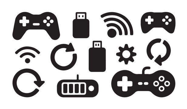 Navigation and connectivity symbols for gaming device with wireless signal and battery power.